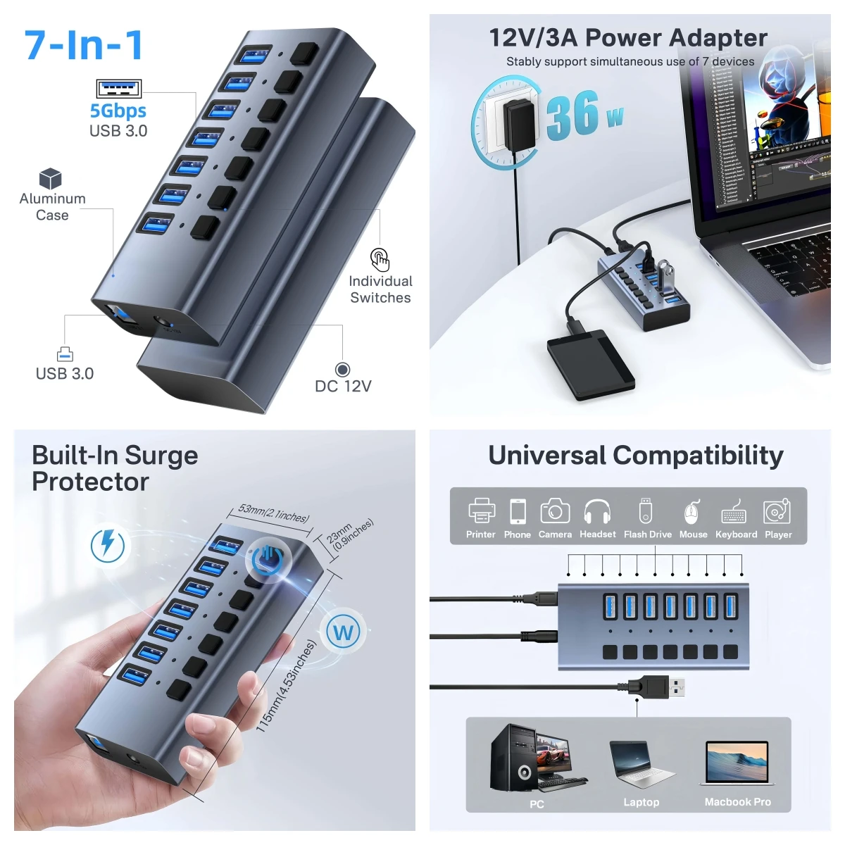 USB Hub 3.0 High Speed Multiport 16 10 7 Ports On Off Switch with Power Supply USB Splitter Adapter Multiple Port Extension