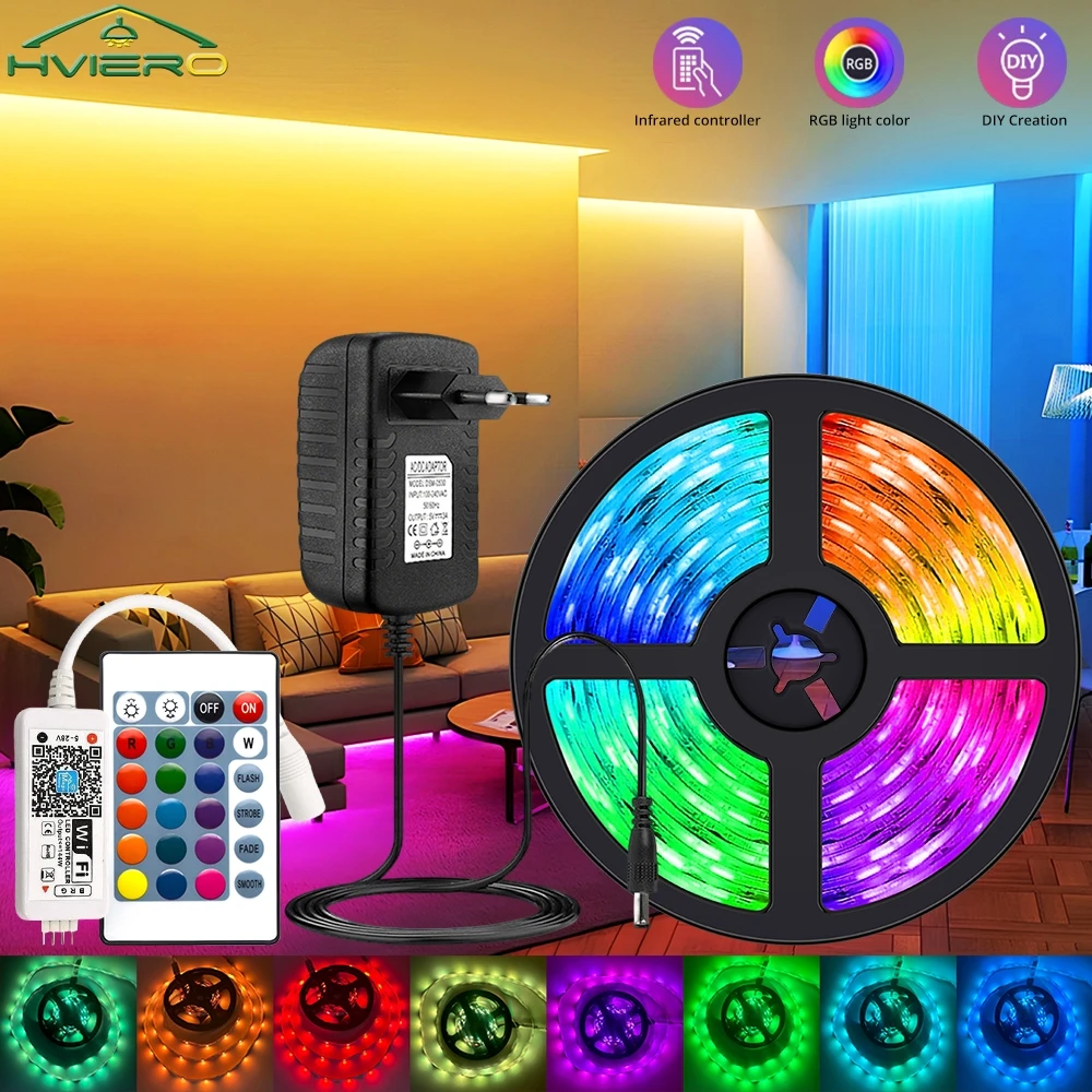 

5050 150 светодиодов RGB Light Гибкая лента в полоску постоянного тока 12 В 24/44 клавиш WIFI Управление 5 м 10 м Светодиодная лента для подсветки ламп Ночное освещение