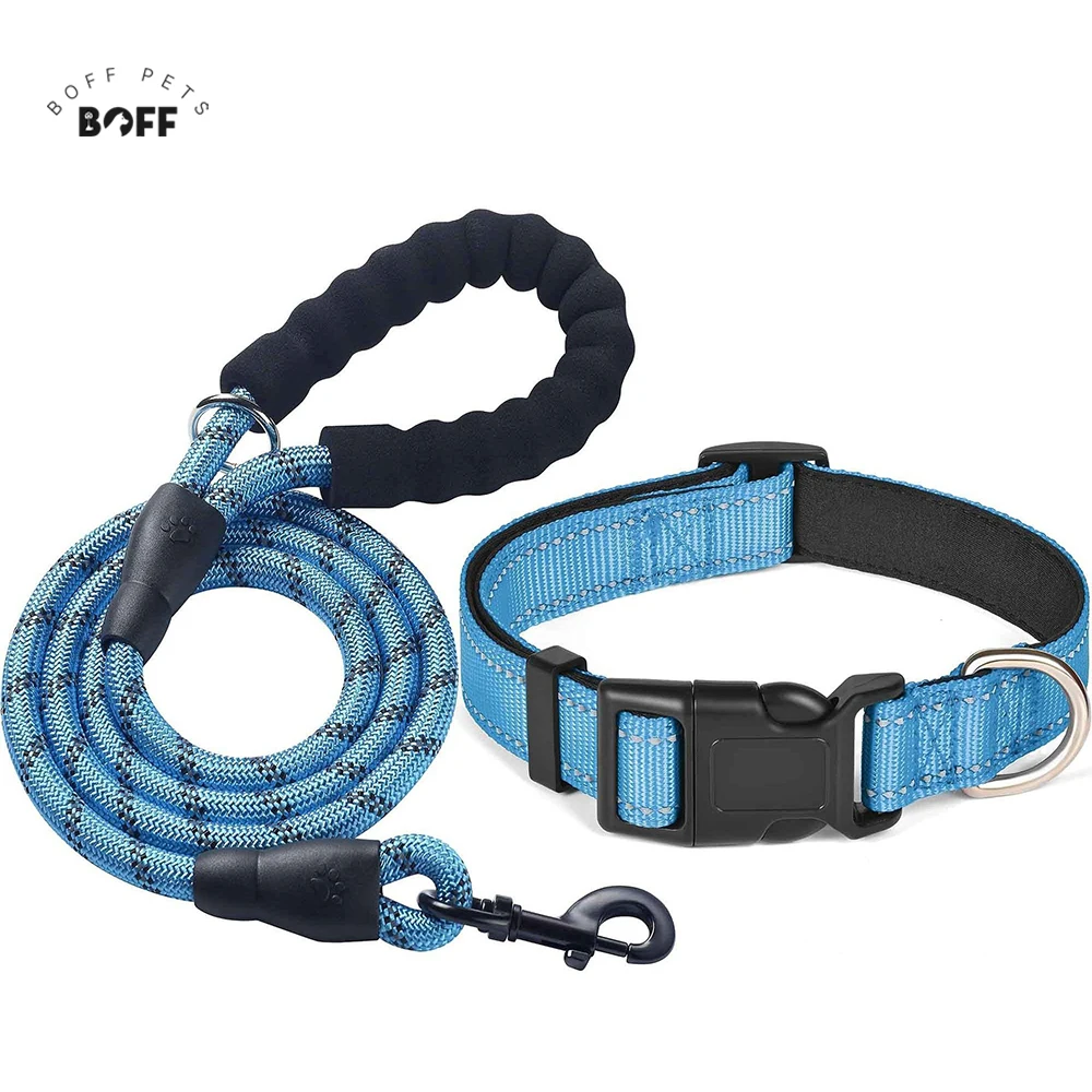 

BOFFPETS Reflective Nylon Dog Collar & Leash Set - Adjustable Safety Pet Collar with Light Strips for Night Walking