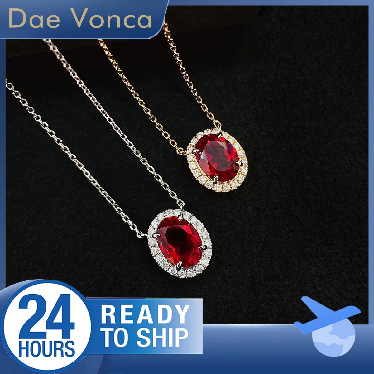 

18k White/Rose Gold Center Stone Oval Cut Lab Grown Ruby Accented by Round Lab Diamond Halo Pendant Necklace For Women
