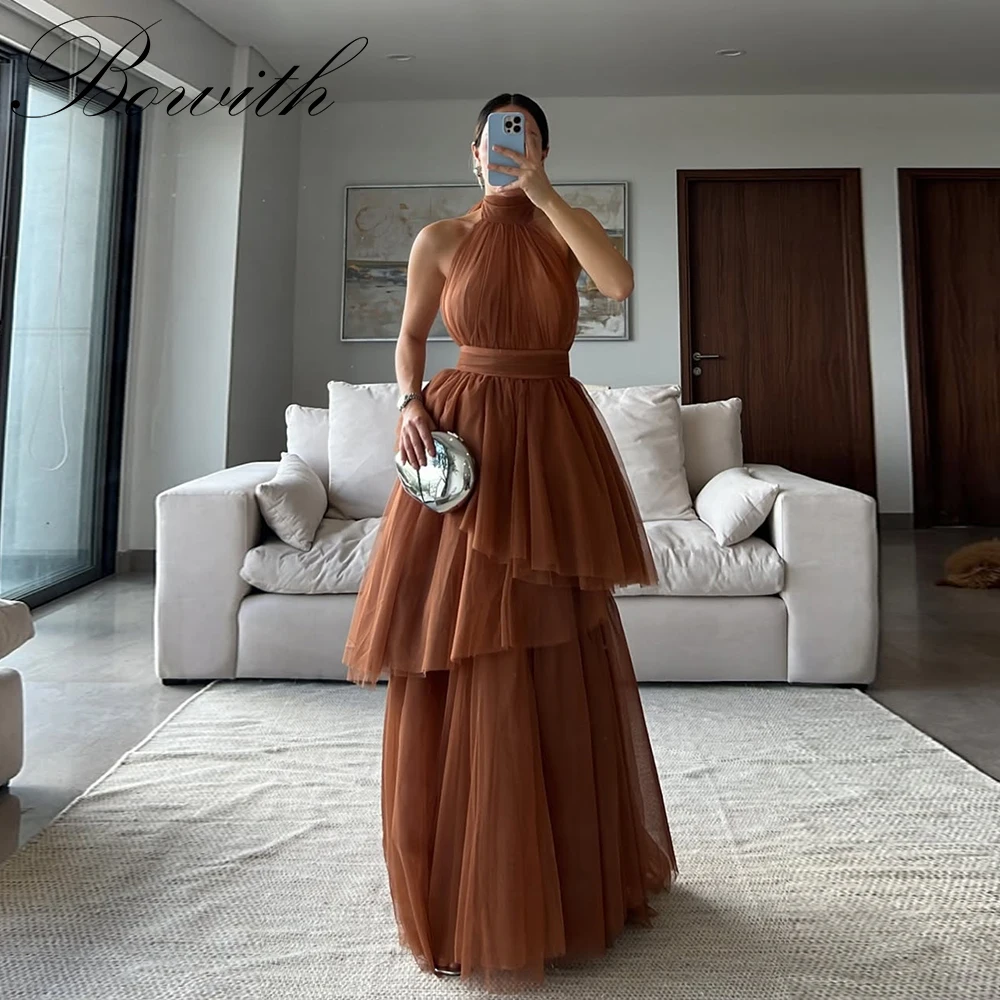 

Bowith Halter Backless Evening Dresses Sleeveless A-line Tiered Tulle Prom Gown Women Summer Party Dress for Formal Occasion