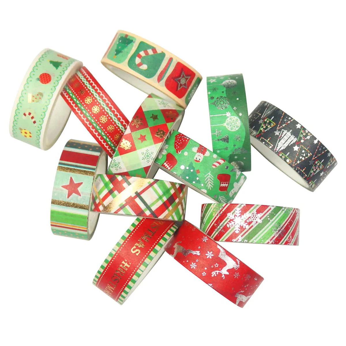 12 لفة/صندوق، شريط واشي برونزي رقيق بنمط عيد الميلاد، مناسب لتزيين صندوق هدايا بطاقات المعايدة بنفسك لحفلات العطلات