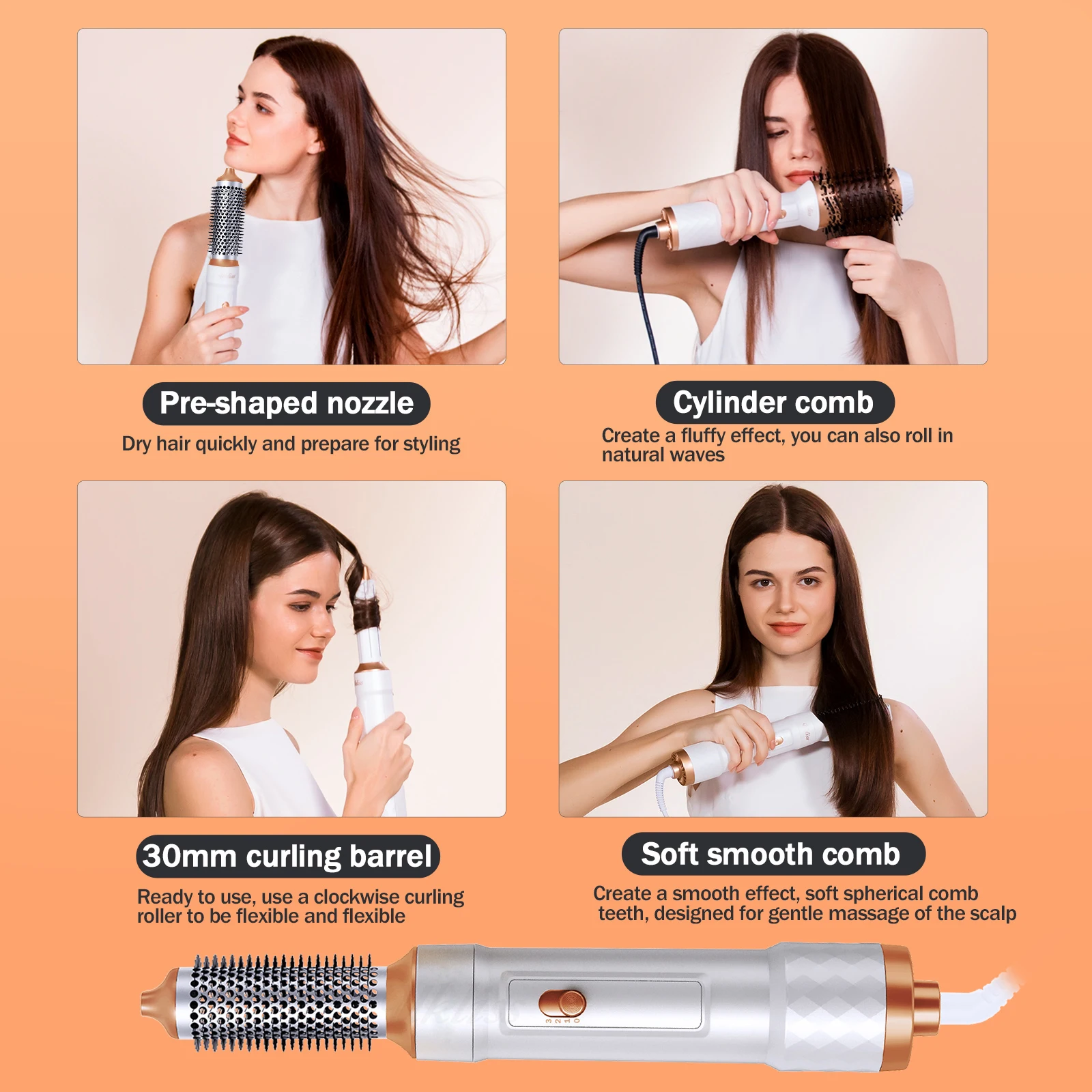 5-in-1 Haartrockner-Bürste Abnehmbarer Föhn-Kamm Ionische Heißluftbürste Haarstyling-Werkzeug Elektrische Thermobürste Luftlockenstab – Detail 7