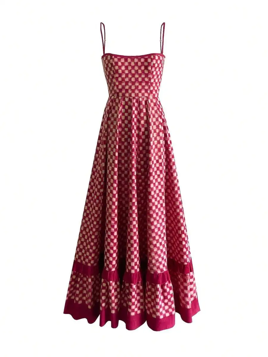

Elegant Plaid Print Spaghetti Strap Maxi Dress For Women