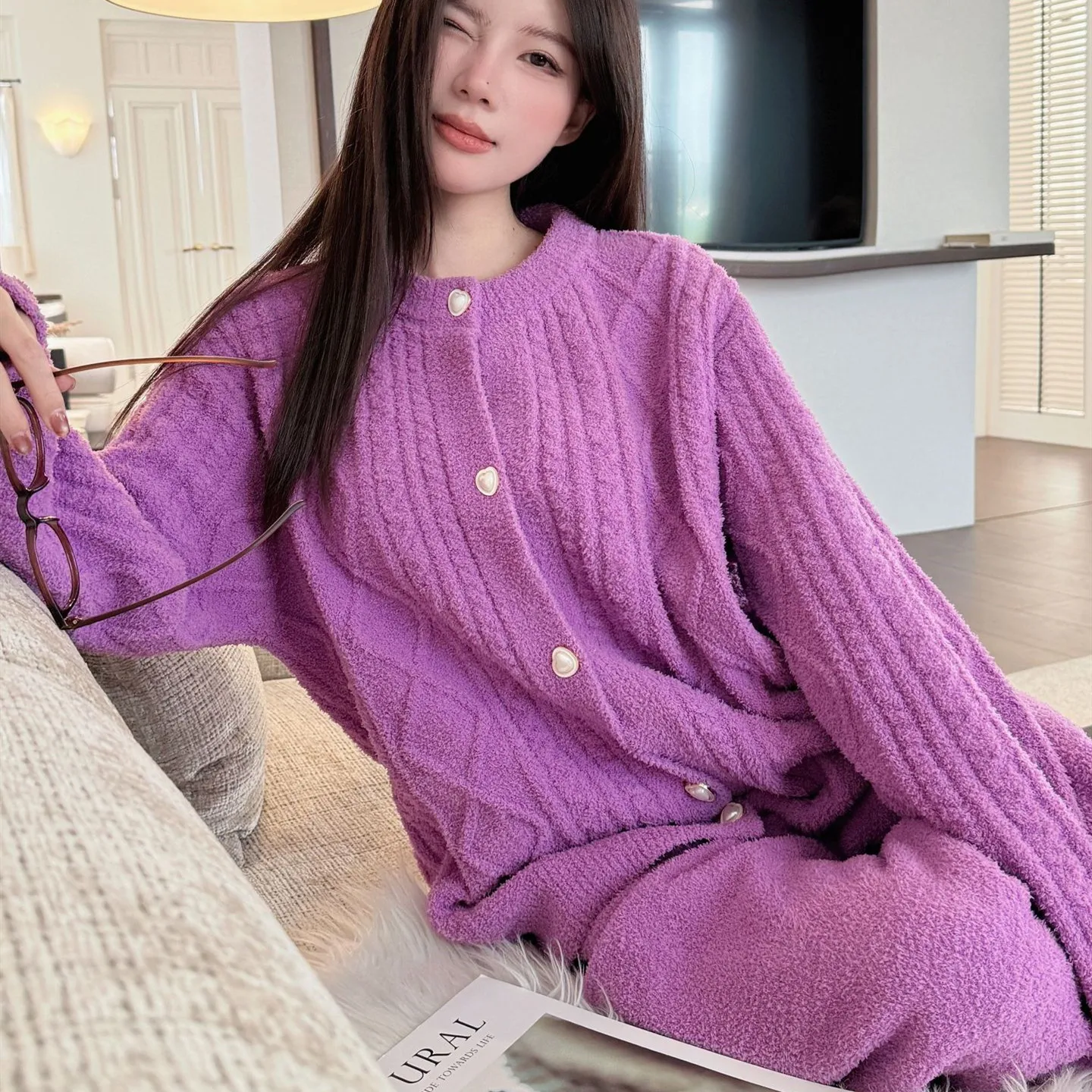 Solid Color Flannel Sleepwear for Women Autumn and Winter Thick Warm Suit Sweet Girl's Home Outfit Cardigan Two Piece Sets