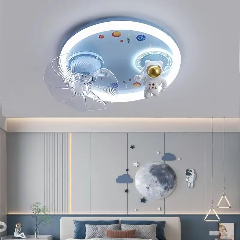 Full spectrum eye protection children's fan LED ceiling light for male and female bedrooms cartoon moon astronaut ceiling light