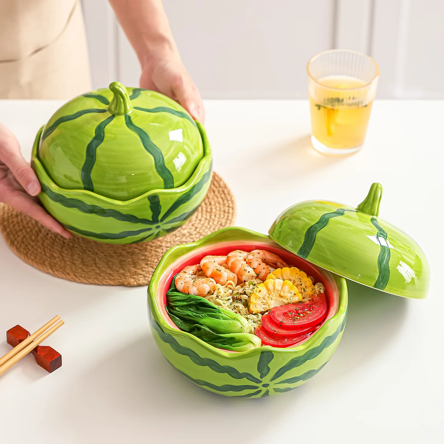 Ceramic bowl, cute watermelon instant noodle bowl, good-looking salad bowl with lid, new household tableware