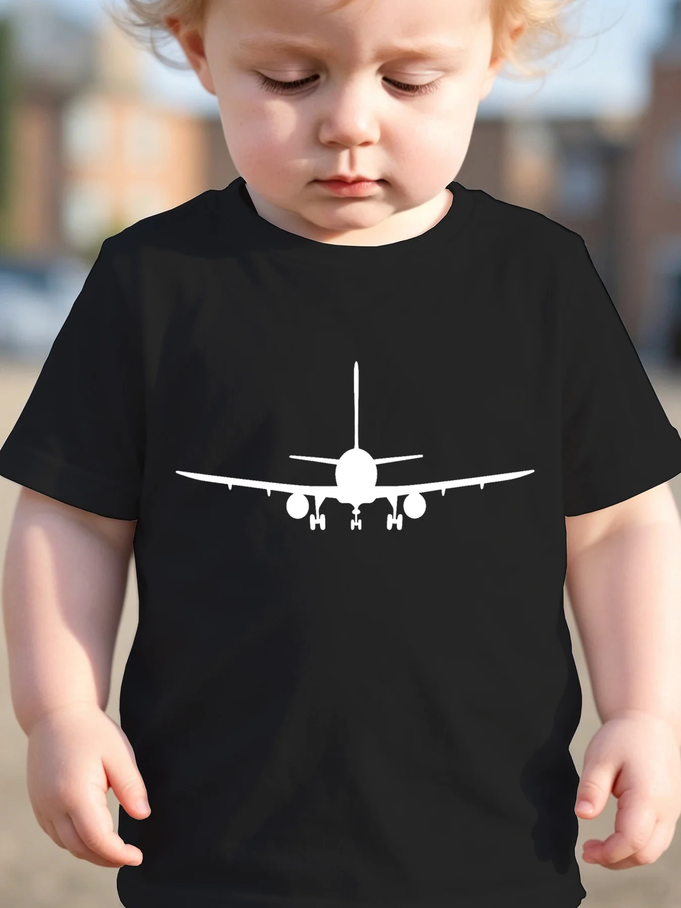 Children's Airplane Silhouette Printed T-shirt Round Neck Top Casual Clothing Aviation Themed Printed Parent-child Outfit