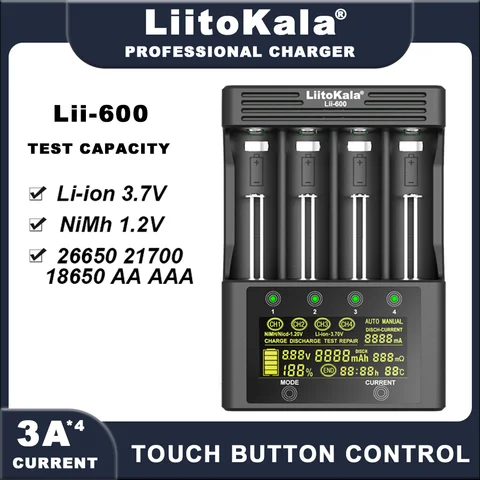 LiitoKala Lii-600 Lii-S6 배터리 충전기, 리튬 이온 3.7V NiMH 1.2V 배터리, 18650 26650 21700 26700 18350 AA AAA용
