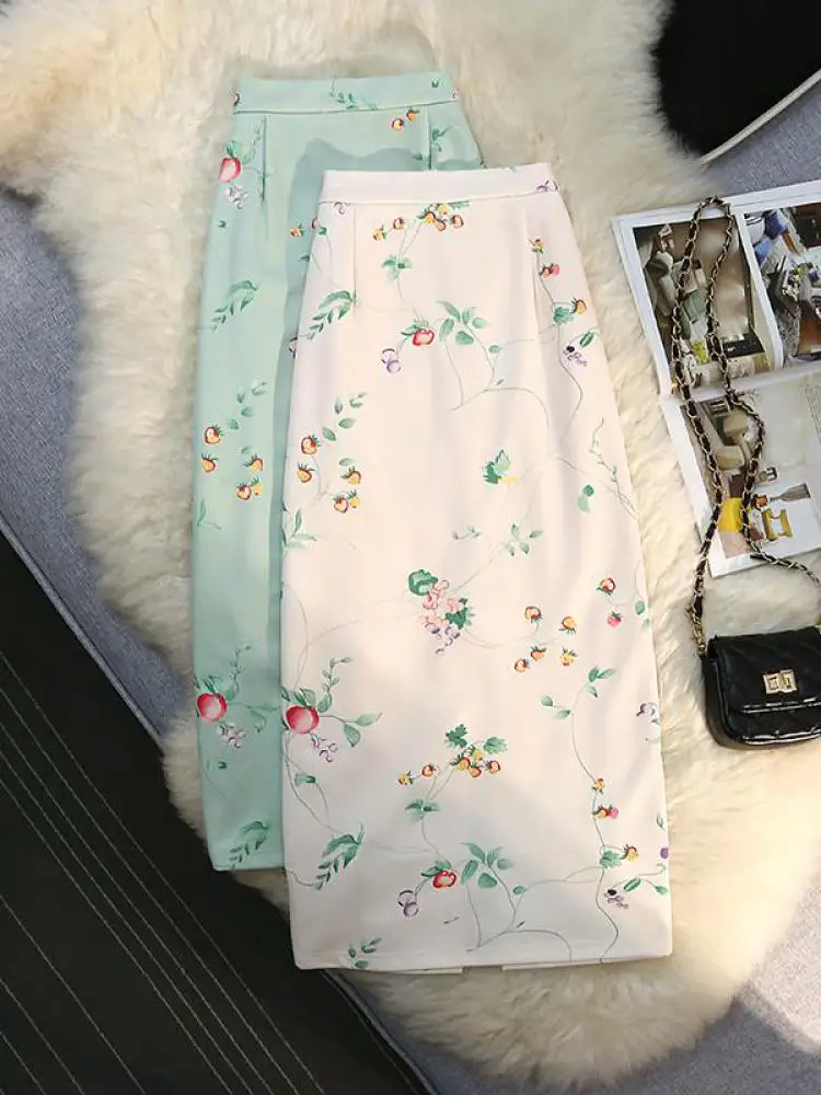 Elegant Flower Print Skirt Women's Summer 2022 New Style Temperament Sweet High Waist Slim Hip Wrap Skirts A-line Female