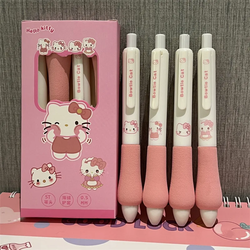 Kawaii 4Pcs/set Sanrio Cartoon Hello Kitty Black Gel Pen Boxed Students Stationery Soft Grip Pen Carbon Pen Children Gift