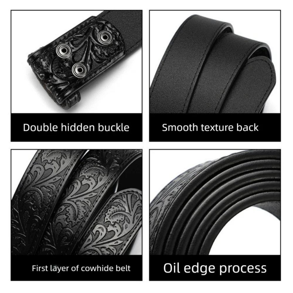 Genuine Leather Embossed Cowhide Belt High Quality Two Layer Pin Buckle Belt Alloy No Buckle Strap Jeans Belt Women Men