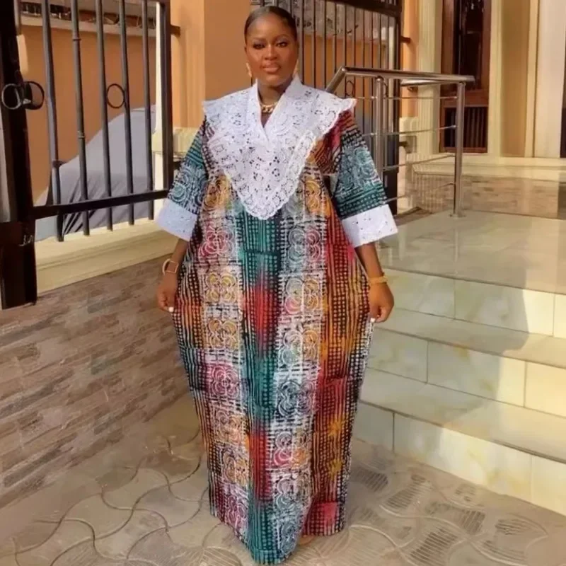 

2024 African Dresses for Women Traditional Africa Clothing Dashiki Ankara Lace Outfit Gown Abayas Robe Muslim Kaftan Maxi Dress