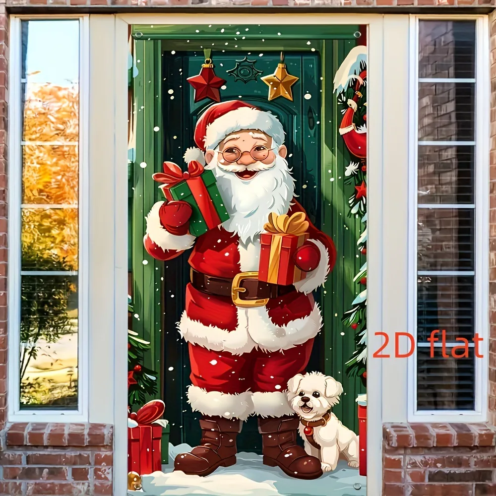 1 Piece 2D Flat Christmas Themed Door Decoration with Santa Claus, Puppy, and Gift Design, Suitable for Holiday Home Decoration