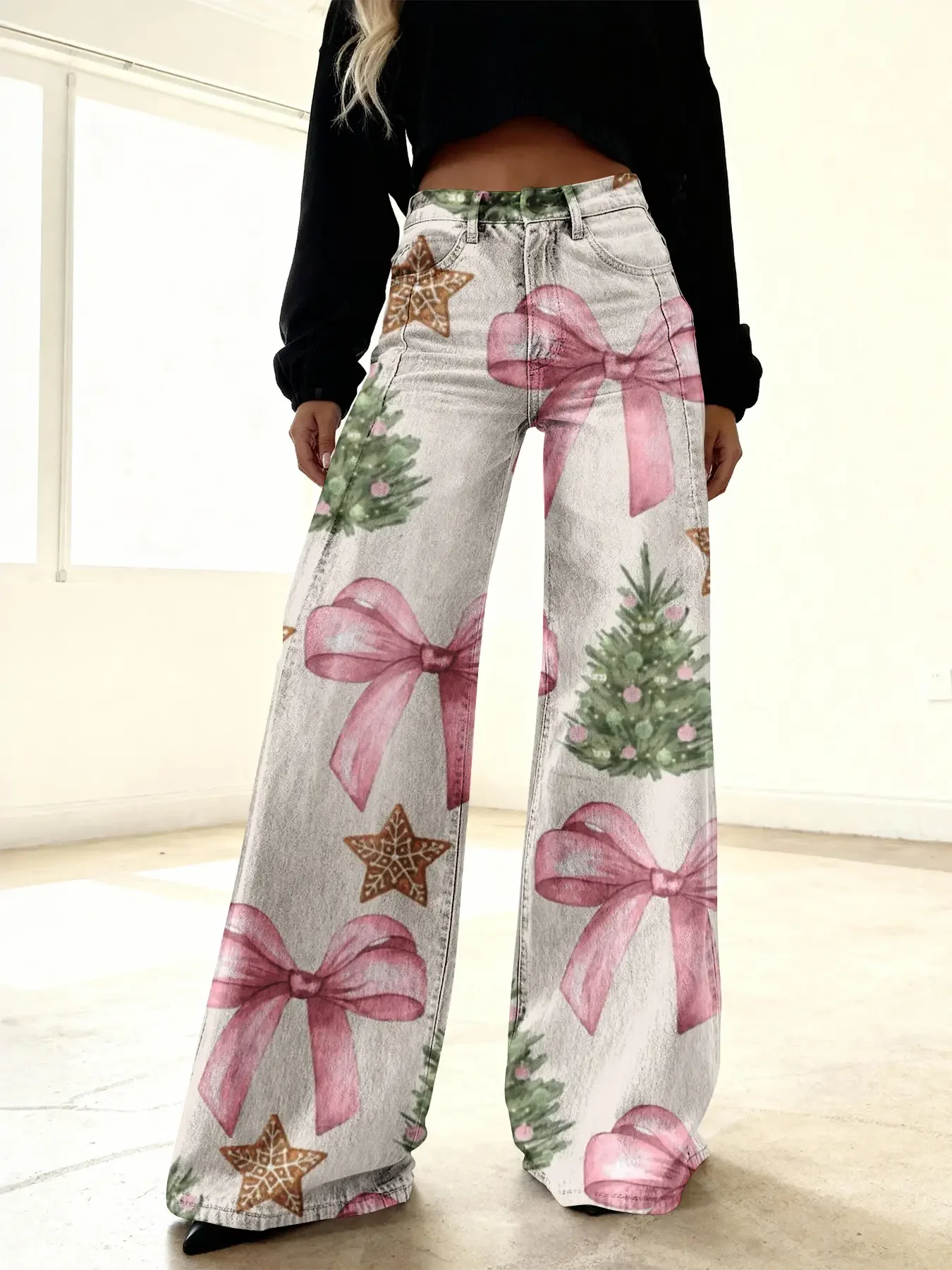 2026 Christmas women's imitation denim printed high waisted flared pants, sweet and cute, Women's Wash Set