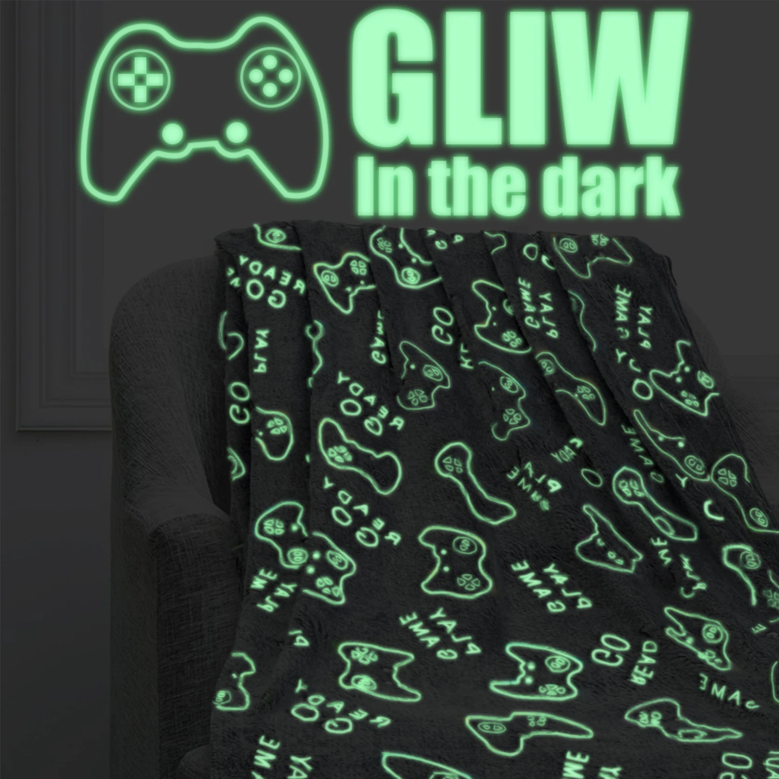 Luminous Kid Blanket Flannel Glow in The Dark Blanket Soft Game Controller Cartoon Pattern Blanket Fluffy Blanket Décor All