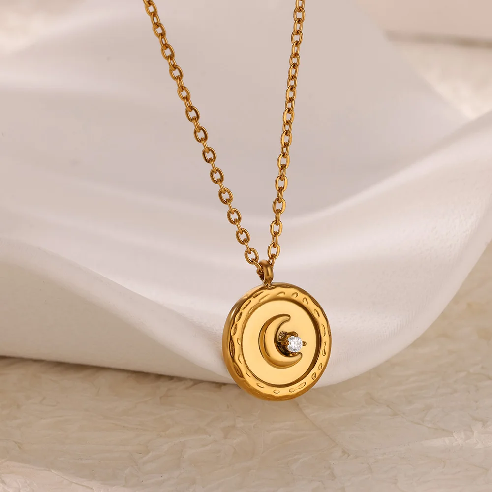 Stainless Steel Bow Moon Pendant Necklace For Women Gold Color Geometric  Hollow Round Necklace Christmas  Party Jewelry Gift