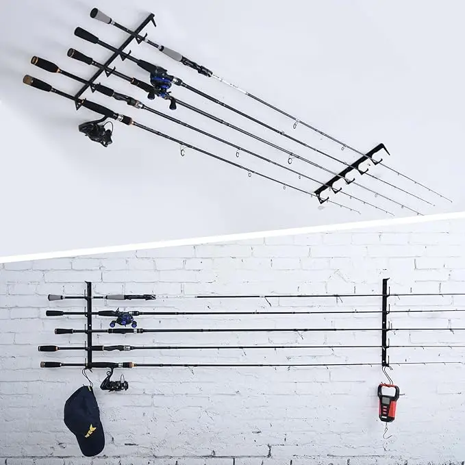 

Goture 5-Rod Fishing Rod Holder Wall Mount with 4x S-Hooks Heavy Duty Horizontal Pole Storage for Garage/Boat/home Anti-Slip