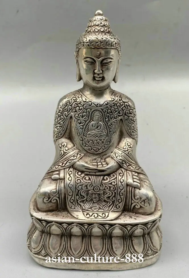 

Tibetan Buddhism 5 Inch Tibet Silver Shakyamuni Amitabha Buddha Buddhism Robe Statue for Decorative Display Collectible Gift