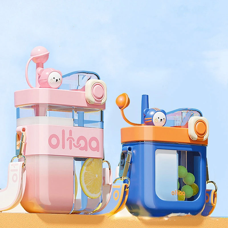 

580/800ml Creative Portable Kids Kawaii Sport Double-drinking BPA Free Plastic Kettle Cute Water Bottle Sub-storage Straw Cup