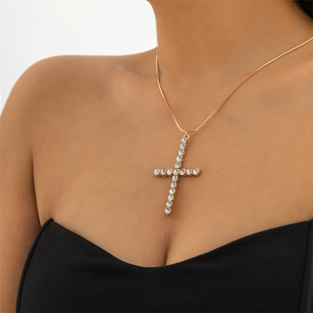 Fashion Punk Vintage Gold-plate Large Crystal Cross Pendant Necklace For Women Female Sexy Snake Chain Choker Jewelry Party Gift