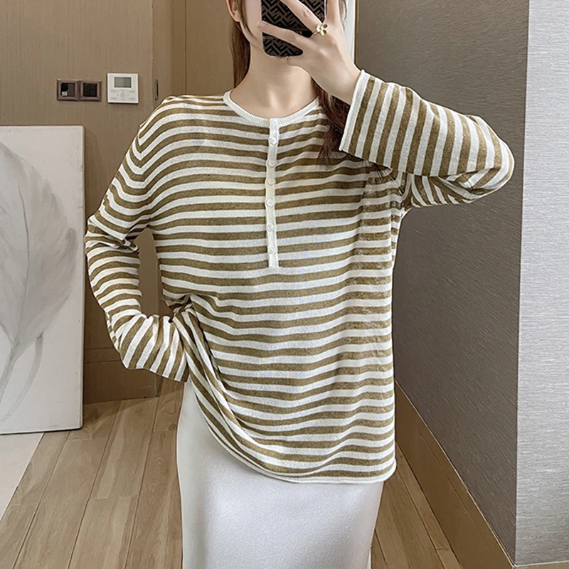 

Luxury Linen Blend Sweater - Ultra-Fine French Vintage Stripe Long Sleeve Effortless Fit Women's Elevated Basics