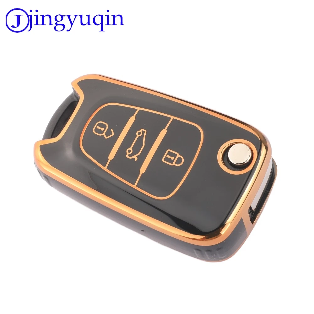 Casing Pelindung Kunci Mobil TPU jingyuqin Untuk Kia B/Hyundai E - Tanpa Lubang - Mengkilap, trim emas hitam Putih abu-abu - garis samping