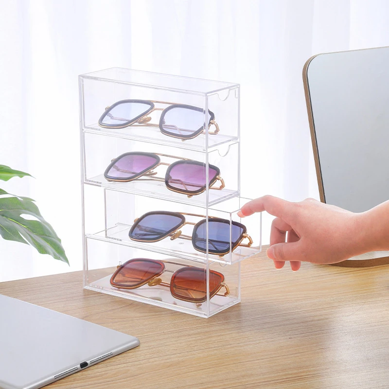 1Pc Transparent Acrylic Glasses Case Four Layer Desktop Glasses Sunglasses Display Box Dustproof Stationery Drawer Storage Box