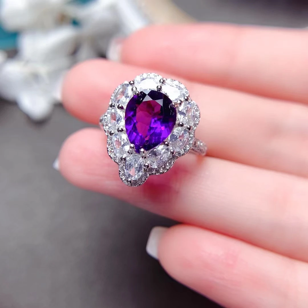 Dazzling Crystal Silver Ring 8mm*10mm VVS Grade Pear Cut Natural Amethyst Ring 925 Silver Amethyst Jewelry