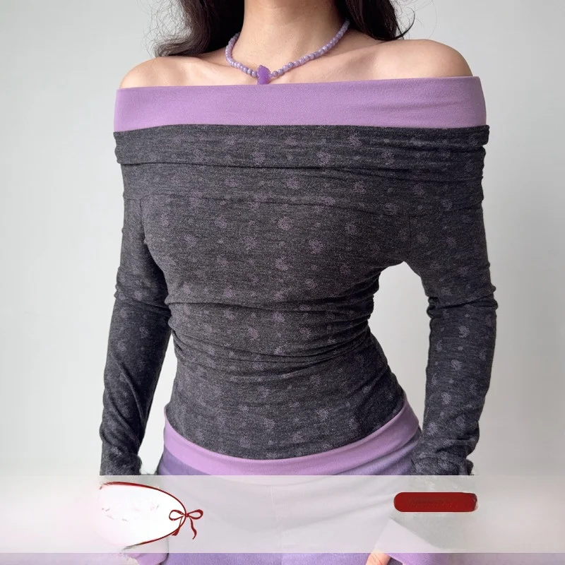 Go Girl Go Sexy Long Sleeve T-Shirt Women's Autumn Winter Slim Fit Printed One Shoulder Top Color Block Polyester Blend