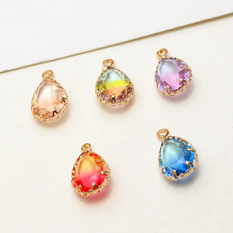 1pcs Diy Accessories Gradient Color Copper Edging Crystal Glass Water Drop Pendant Earrings Necklace Material Handmade Charms