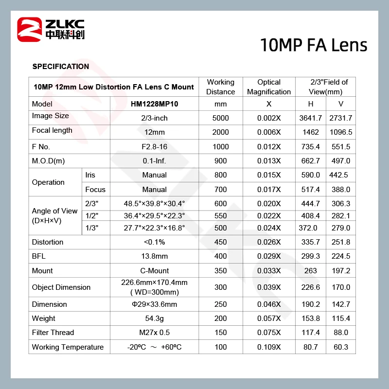 ZLKC Low Distortion 10MP CCTV Lens 12mm 2/3