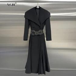 VGH Solid Elegant Women Autumn Windbreaker V Neck Long Sleevespliced Belt Knee Length Temperament Coats Female Fashion New Style