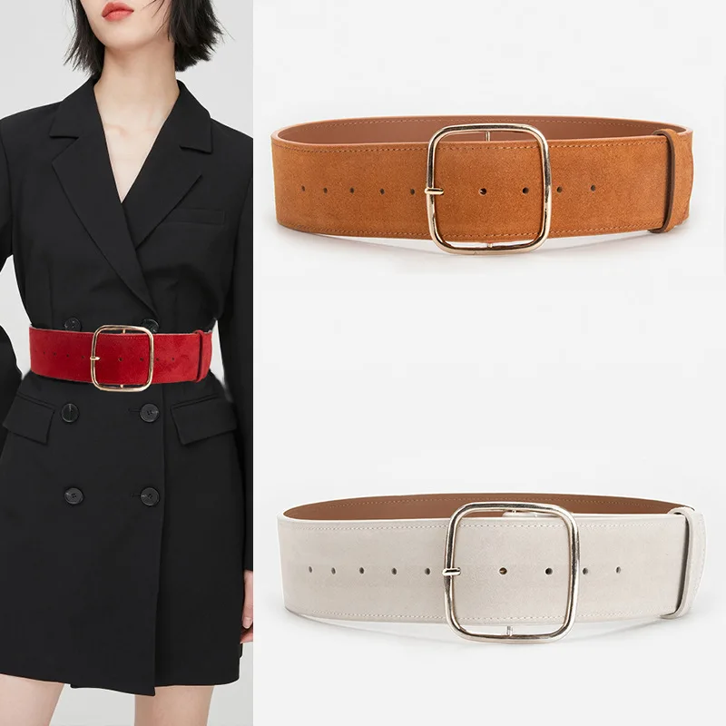 

New Sandblasting Leather Gold Pin Buckle Wide Women Waistband Belt Fashion Coat Dress Sweater Cummerbund for Ladies