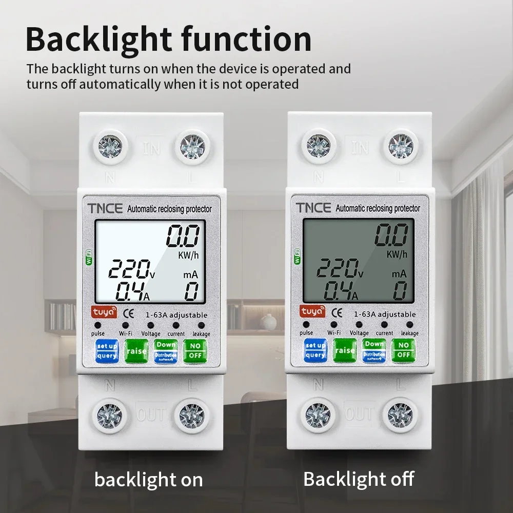 TNCE Tuya Energy Meter 63A 2p WIFI, Over/Under Voltage current Leakage Protector switch, Smart kWh Power Circuit Relay Breaker