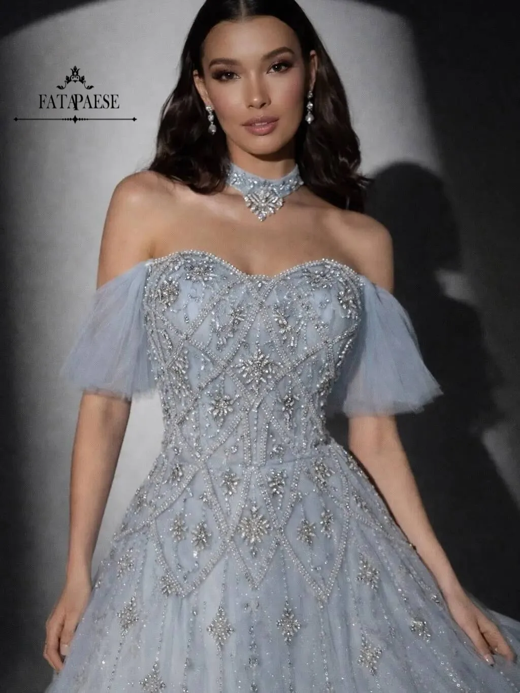 FATAPAESE Customized Luxury Gray Blue Beaded A-Line Evening Prom Dresses With Necklace Dreamy Formal Party Gowns