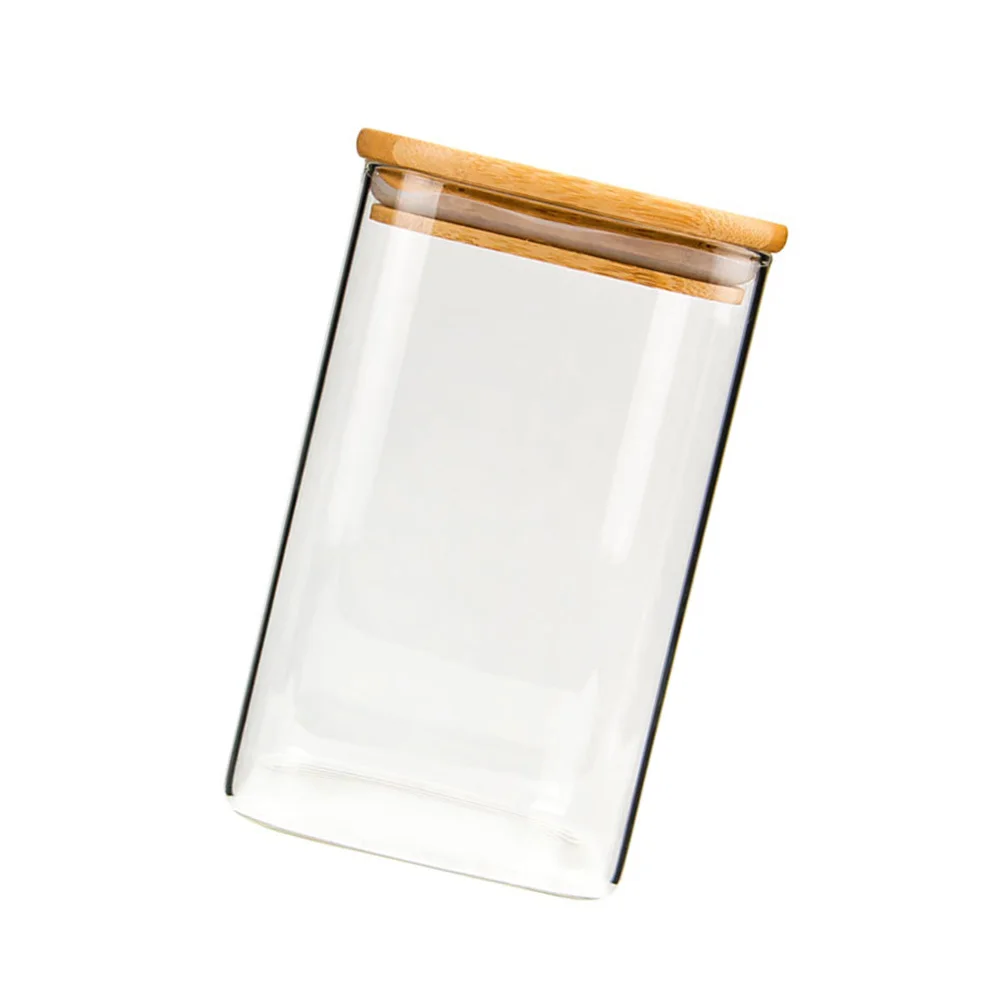 

750Ml Square Glass Food Storage Container with Wood Lid Sealed Canisters for Tea Cereal Nuts Rice Jar Bulk Ingredients Glass