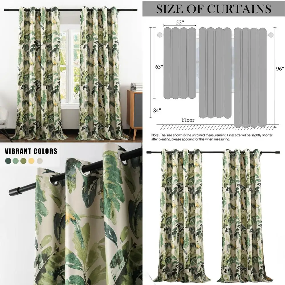 

Термоизолирующие светонепроницаемые шторы с принтом зеленых листьев, 2 панели, 52 x 96 дюймов, для спальни и гостиной