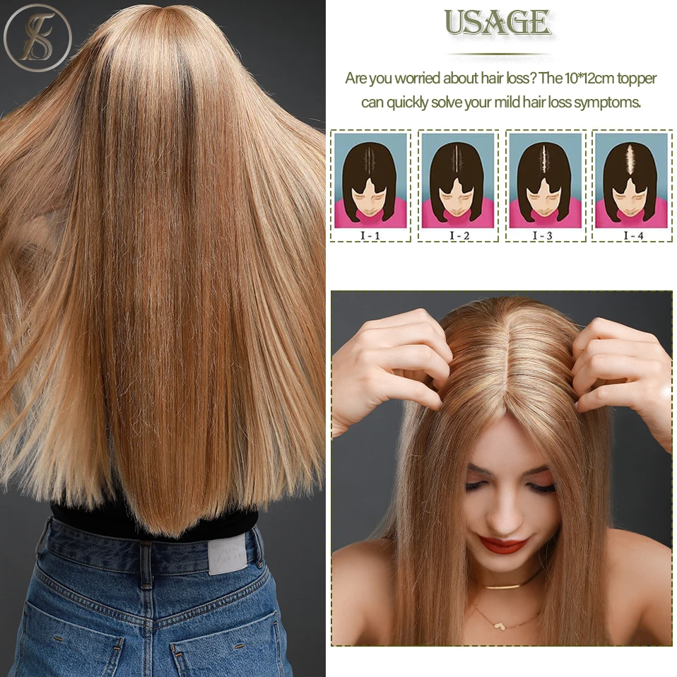 TESS-Toppers de cheveux naturels pour femmes, extensions de cheveux blonds et bruns, postiche avec clip, 3.5x9cm, 10x12cm