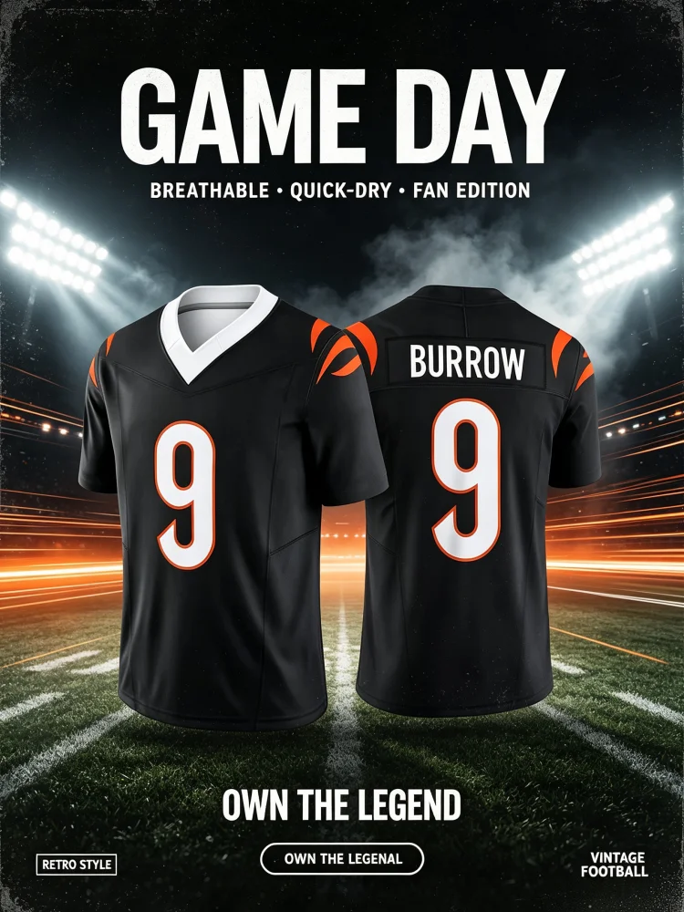 2026 Neues Herren Damen Nr. 9 Joe Burrow Schwarzes Cincinnati Football Trikot Atmungsaktives V-Ausschnitt T-Shirt für Fans Alltag Sport Familie Kinder T-Shirts – Detail 3