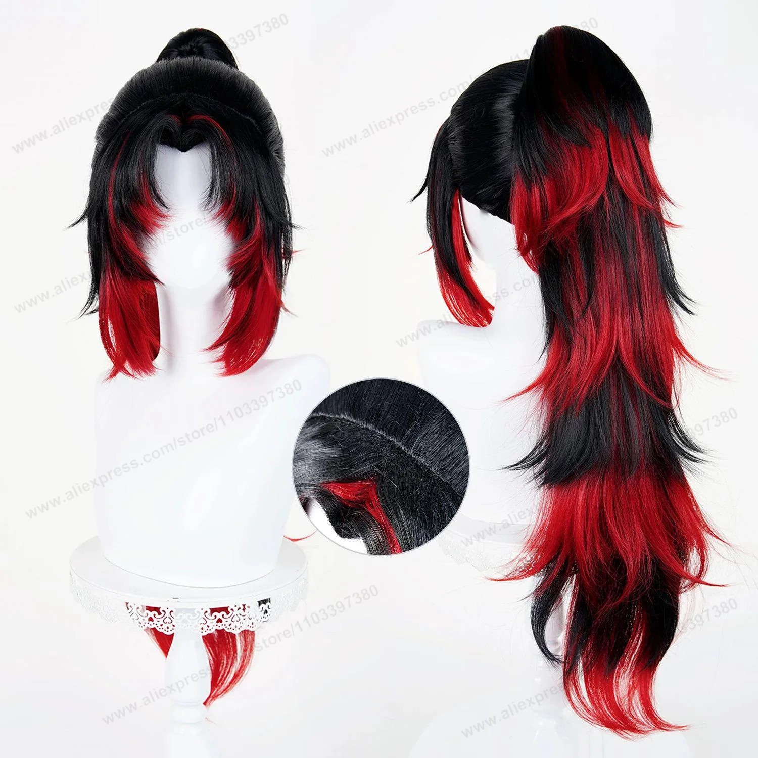 Tsugikuni Yoriichi Kokushibo Cosplay Wig 80cm Long Black Red Man Hair Anime Halloween Heat Resistant Puffy Yaki Synthetic Wigs