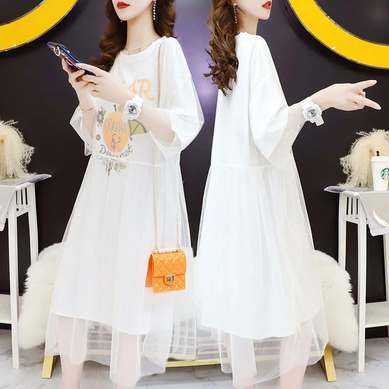 Mesh Splicing Fake Tweedelige T-shirt Rok Zomer Nieuwe Dames Halflange Losse Jurk Ins