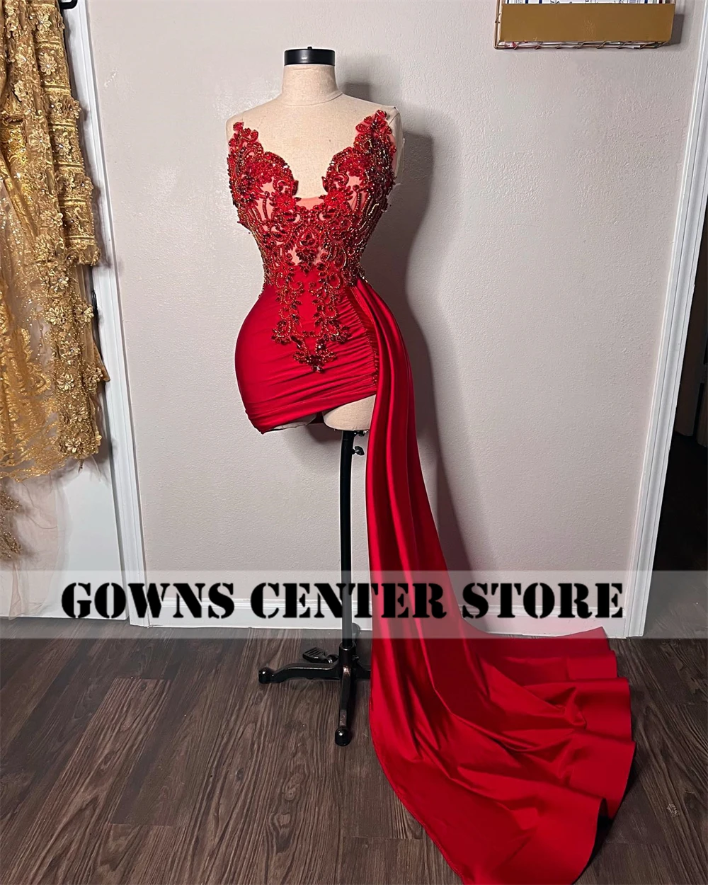 Red Beaded Appliques Prom Dresses With Train Mermaid Birthday Party Dress Sweetheart Mini Cocktail Gown Luxury Satin Customized