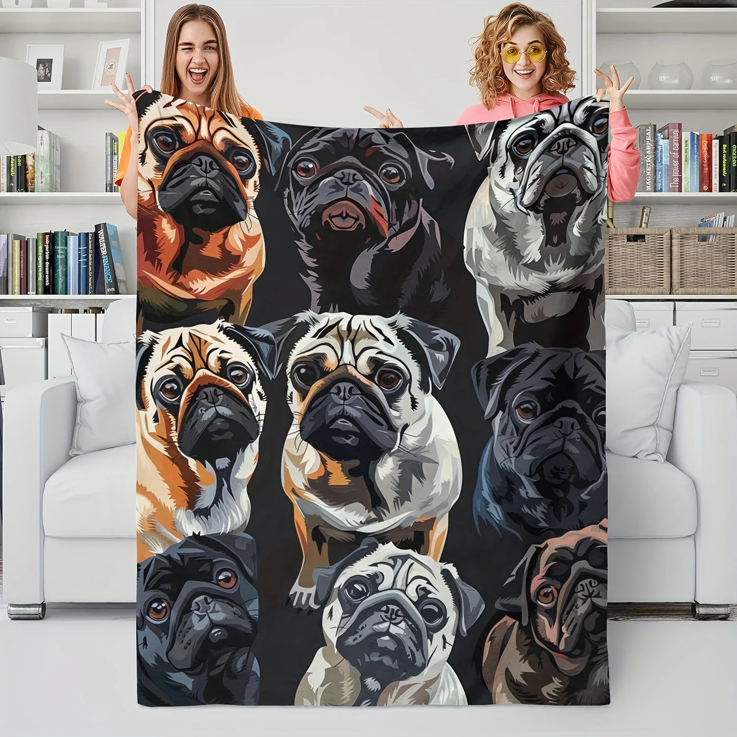 Cute Stitching Pug Dog Cozy Throw Blanket, Funny Pet Animal Couch Bed Warm Wrap, All Season Office Nap Decor Gift