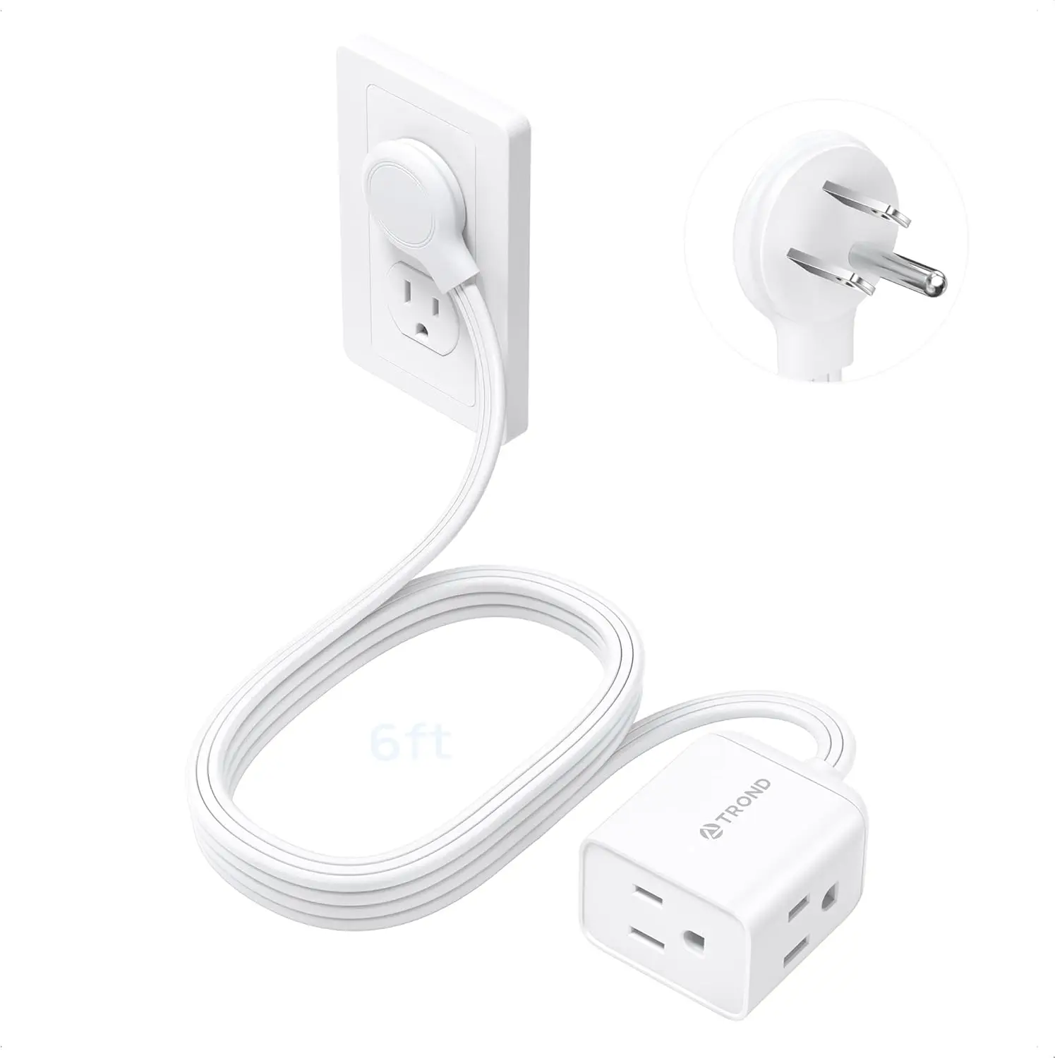 

6FT Flat Extension Cord with 3 Outlets, Right Angled Plug, ETL Listed, White
