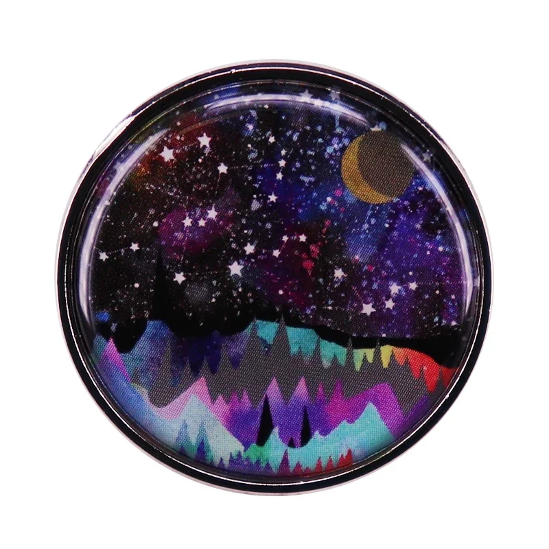 

Starry Sky Moon Mountain Landscape Lapel Pin Woodland Moonlight Snowy Mountains Nature Scenery Travel Adventure Explore Badge