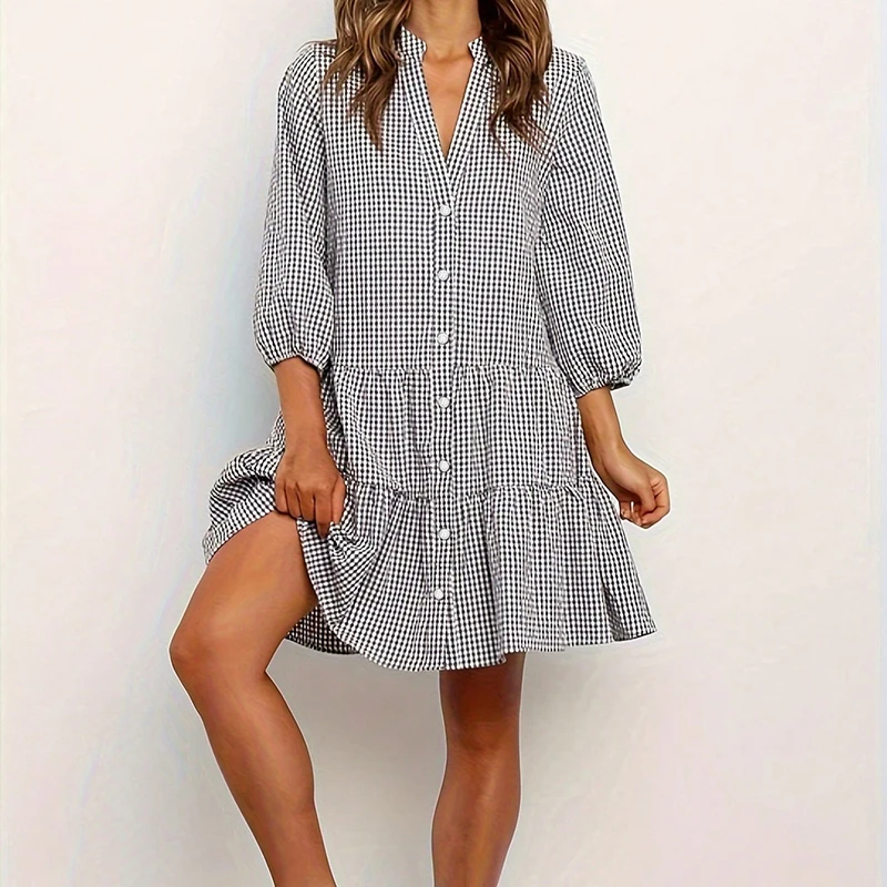 Mini abito da spiaggia estivo da donna elegante Abito estivo scozzese azzurro con bottoni Abiti corti con orlo arricciato per le vacanze casual