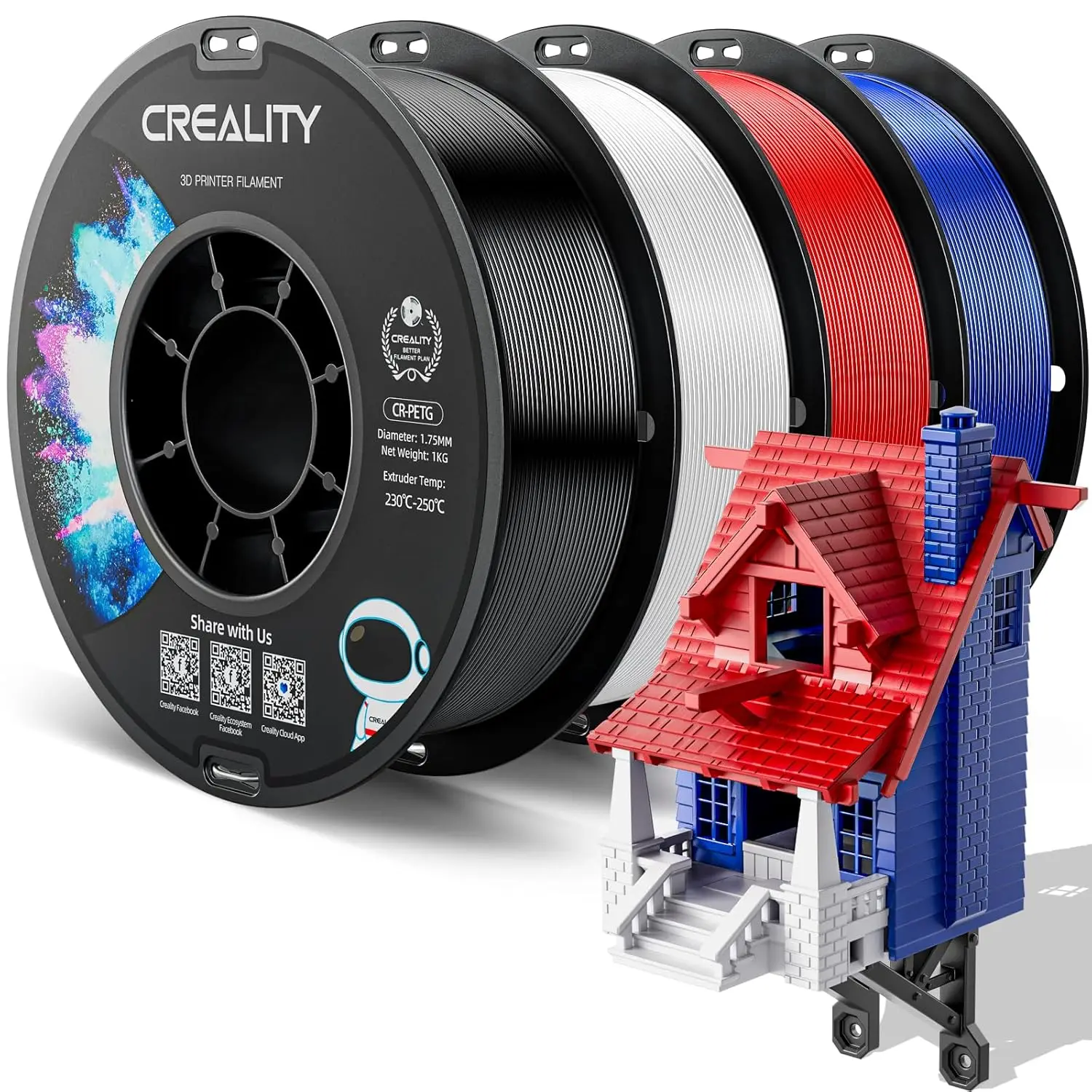 

High Precision 1.75mm PETG Filament, Strong Toughness, Odorless, Moistureproof for 3D Printing, Black White Red Blue
