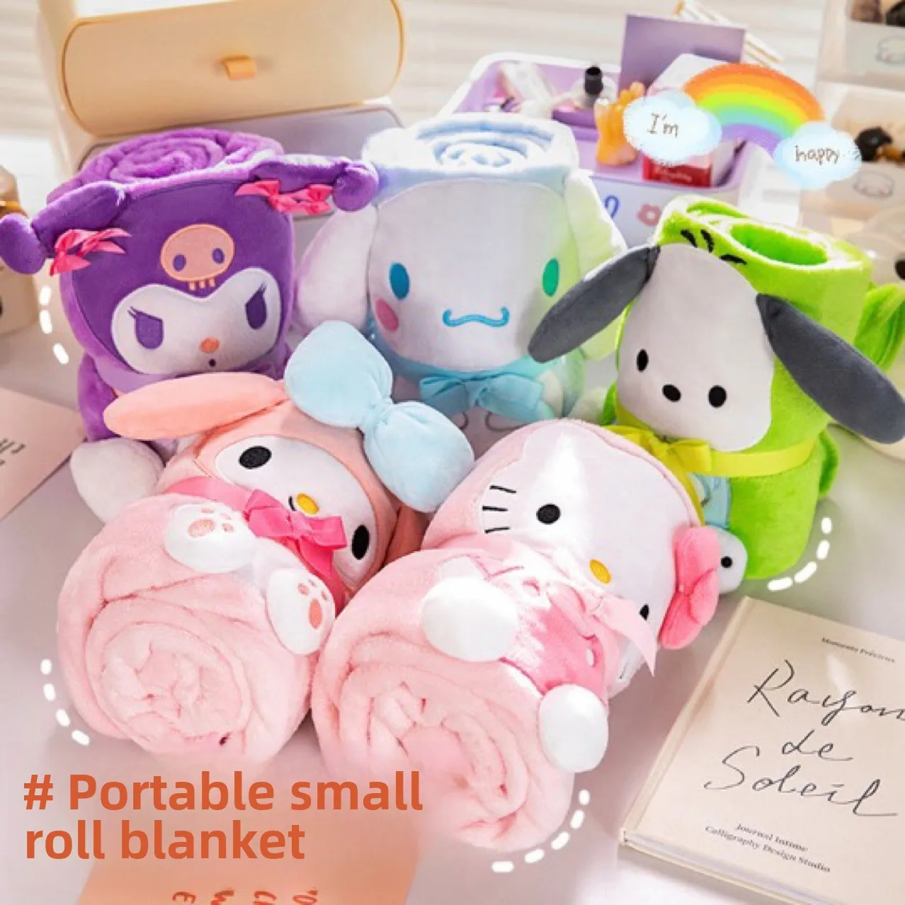 Sanrio Cartoon Portable Four Seasons Small Roll Carpet Girl Heart Cute Embroidery Air Conditioning Blanket Girl Gift