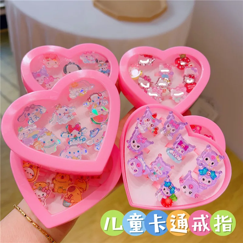 New Cute Cartoon Acrylic Small Ring Heart-shaped 10 PCS Gift Box Set Resin Children's Toy Jewelry The Best Holiday Gift